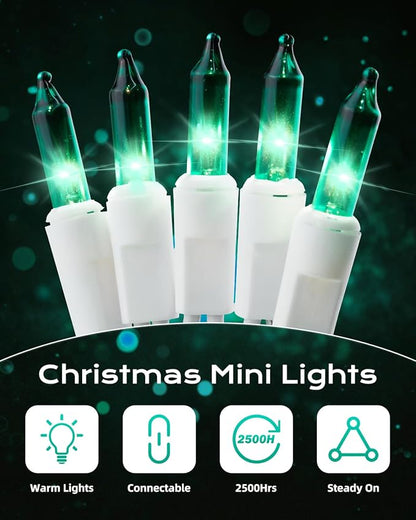 Brightown Green Christmas String Lights, 100-Count 26.5ft Incandescent Bulb Mini Lights for St. Patrick's Day Decor, Christmas Tree Garland Wedding Party Multi-Use Festival Decoration, White Wire