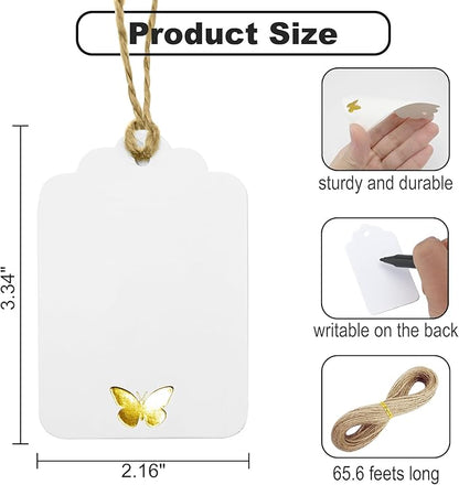 100Pcs Blank Gift Tags with String, Foil Gold Butterfly Large Gift Tags with 65 Ft Jute Twine White Paper Cute Tags for Birthday Baby Shower Wedding Party Gift Wrap Tags
