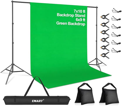 EMART Photo Video Studio 7 x 10ft Green Screen Backdrop Stand Kit, Photography Background Support System with 6 x 9ft 100% Cotton Muslin Chromakey Curtain