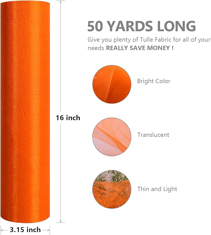 Crystal Organza Fabric Tulle - 16" by 50 Yards Sheer Fabric for Wedding Party Decoration Bridal Shower Tutu Roll Netting Spool Ribbon Wrapping (Orange)