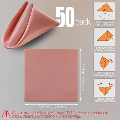 Manyshofu 50 Pieces Rose Gold Satin Napkins - 12x12 Inches Cloth Napkins, Square Satin Fabric Napkin Set - Smooth & Reusable Table Napkins for Wedding Dinner Party Lunch Banquet Restaurant Decoration