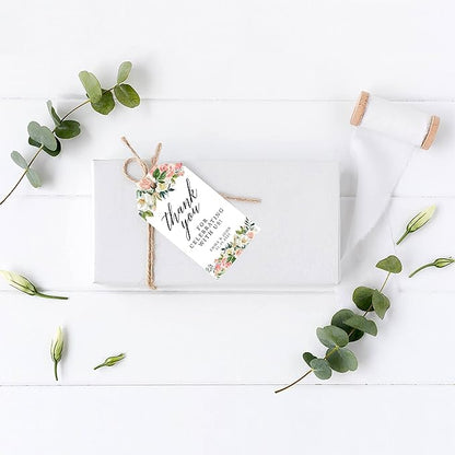 Andaz Press 100-Pack Personalized Thank You for Celebrating with Us Wedding Favor Tags with Bakers Twine Peach Coral Floral Garden Custom Cardstock Wedding Gift Tags for Party Favors 2 x 3.75-Inches