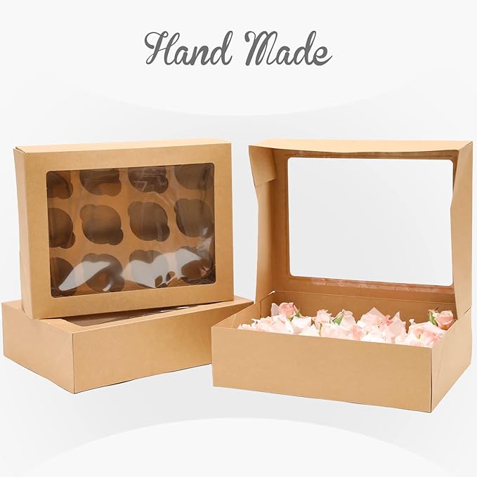 Bakepacker Auto-pop up 12 Cupcake Containers 6-Packs Brown Cupcakes Carrier, 12 Cupcake Boxes with Window 13"x10"x3.5"