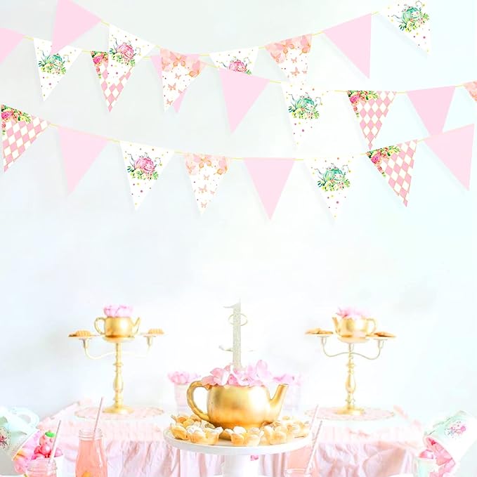 Spring Tea Party Decorations Pink and Gold Floral Flower Butterfly Teapot Teacup Plaid Paper Triangle Flag Pennant Banner Bunting for Spring Birthday Wedding Bridal Baby Shower Engagement Tea Party