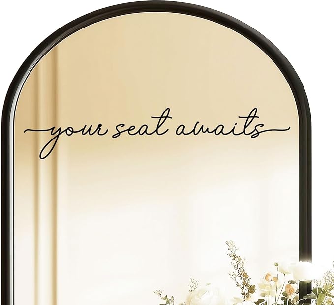 Your Seat Awaits Vinyl Decal, Wedding Seating Sticker, Mirror Decal for Seating, Please Find Your Seat Signs, Wedding Decor Sign (Black, Width 17")