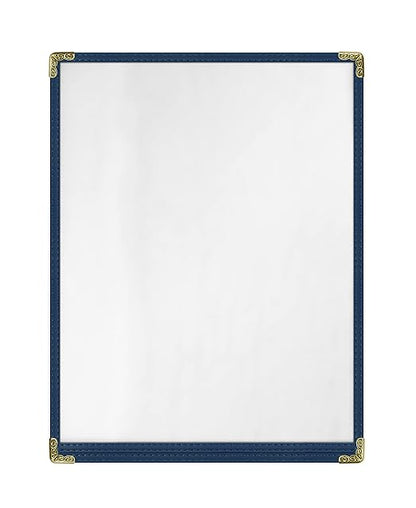 Goodsmart Restaurant Menu Covers – 25 Pack Blue 2-View, Top-Loading Menu Holders, Vinyl & Plastic Café Menu Covers, Clear Menu Sleeves, Fits 8.5" x 11", Leather-Style Design, Gold Corners