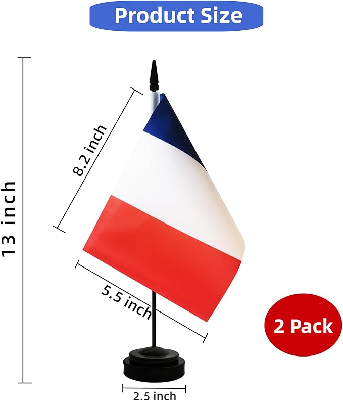 2 Pack France Desk Flag, French Table Office Flag with Solid Pole and Stand Base, International Country Flag, Festival Celebration, Classroom Meeting Desktop Decoration (France)