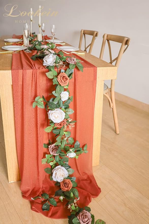 Lookein 5FT Artificial Rose Flower Garland for Table Centerpieces Backdrop Arch Flowers Decorations Wedding Ceremony Reception Table Decor, Terracotta