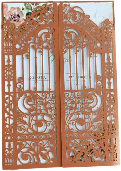 MillaSaw Bronze Fence Laser Cut Invitation Cards Pocket With Envelope For Wedding Engagement Birthday Cocktail Party 25 Sets (bronzed, 5.1"x7.1")