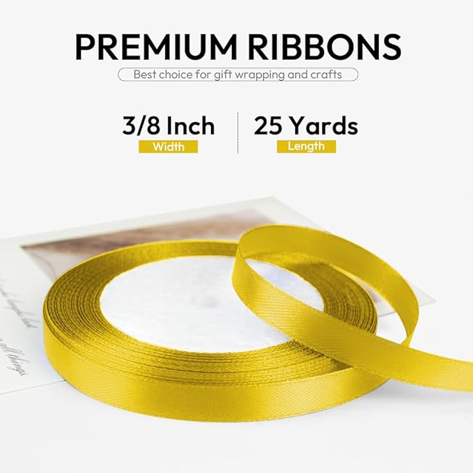 3/8 Inch 25 Yards Satin Ribbon Yellow, Solid Color Fabric Ribbon for Gift Wrapping, Wedding, Polyester Gift Ribbon for Birthday Party Decoration, Craft, Hair, Floral, Sewing