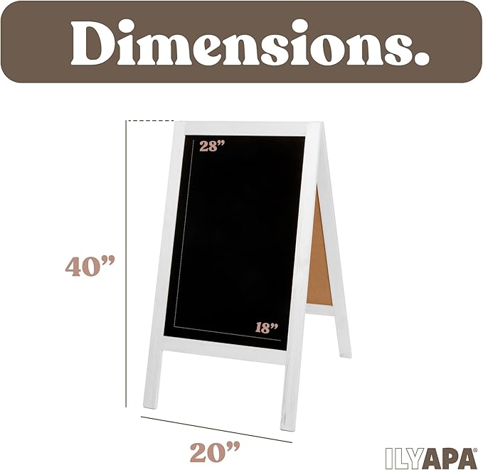 Ilyapa Wooden A-Frame Sign with Eraser & Chalk - 40 x 20 Inches Magnetic Sidewalk Chalkboard – White Menu Display for Restaurant, Business Or Wedding