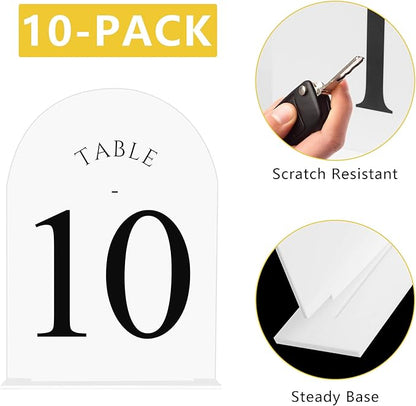 JOYIT Arch Wedding Table Numbers 1-10 with Stands – Double-Sided Printed 5" X 7" Acrylic Signs with White Background and Black Text, Perfect for Wedding Receptions, Parties, Anniversaries, and Events