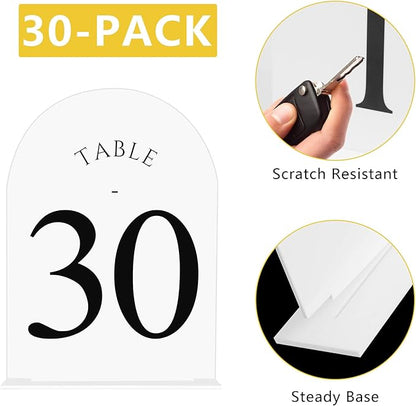 JOYIT Arch Wedding Table Numbers 1-30 with Stands – Double-Sided Printed 5" X 7" Acrylic Table Signs with White Background Black Text, Perfect Acrylic Table Numbers for Wedding Receptions, Parties, Anniversaries, and Events