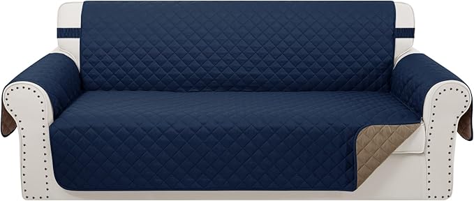 Reversible Sofa Covers Couch Cover Furniture Protector for Dogs Elastic Straps Water Resistant(Sofa,Navy/Camel)