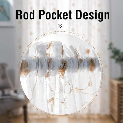 Floral Embroidery Sheer Curtains Beige 95 Inch Length, Rod Pocket Voile Drapes for Living Room, Bedroom, Window Treatments Semi Crinkle Curtain Panels for Yard, Patio, Villa, Set of 2, 52"x 95".
