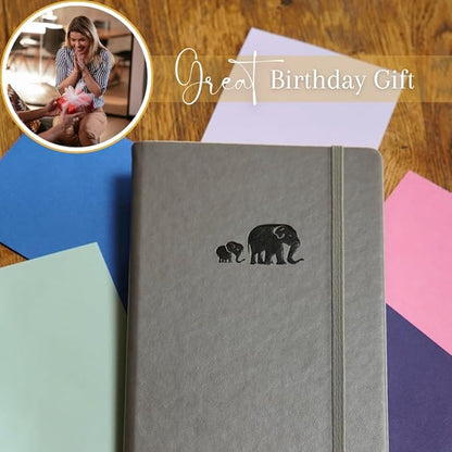 SETTINI Dotted Journal, Ideal for Bullet Journaling - A5 Vegan Leather Notebook, 192 Archival-Quality Pages, QuillEase Bleed-Free Paper, Inner Pocket & Bookmark - Elephant Gifts for Women & Men, Grey Elephants