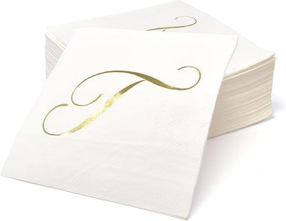 Gift Boutique 100 Gold Monogram Cocktail Napkins Letter T Disposable Paper Pack Elegant Metallic Golden Foil Hand Napkin for Powder Room Wedding Holiday Birthday Party Baby Shower Decorative Towels