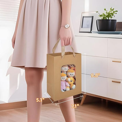 MOXARYSU 12 Pcs Brown Gift Bags with Clear Window: 9.8x5.1x7.1 Inch Medium Kraft Paper Bags with Handle For Party Business Birthday Wedding