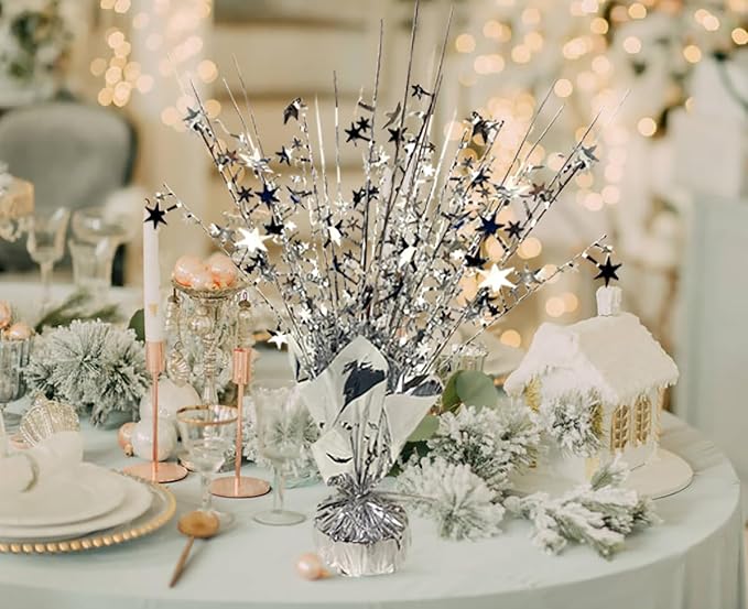 12 Pack Metallic Foil Spray Centerpiece Star Table Decoration Burst Table Centerpieces for Birthday Wedding Anniversary Graduation Holiday Party Supplies Decor, Silver