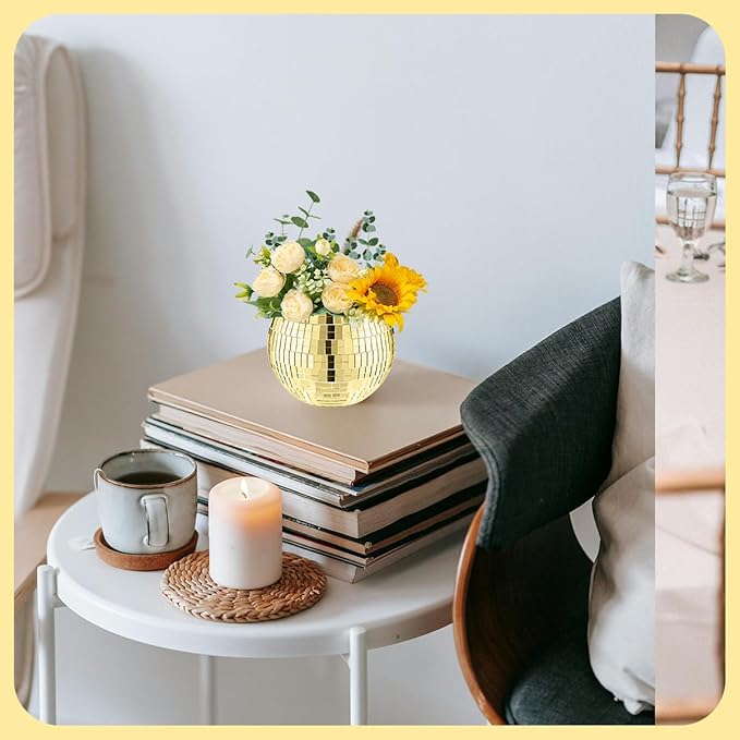 8 PCS Disco Ball Vase,Glass Disco Ball Planter Candle Holder Vase Bulk Mirror Disco Ball Flower Vase for Wedding Centerpieces,Birthday,Office,Bedroom(Gold)