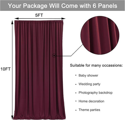 30 ft x 10 ft Wrinkle Free Maroon Backdrop Curtain for Parties, Polyester Burgundy Photo Backdrop Drapes 6 Panels 5x10ft for Baby Shower Wedding Birthday Party Engagement Ceremony Decoration