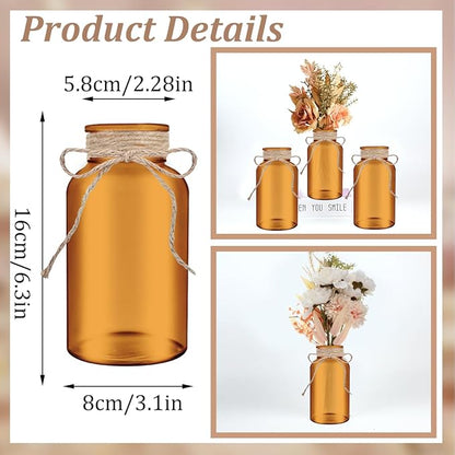 Vintage Glass Flower Vase，6 Pack Farmhouse Amber Gold Glass Centerpiece Vases Mason Jars for Christmas Weddings, Parties & Home Decor Bulk (6, Amber)