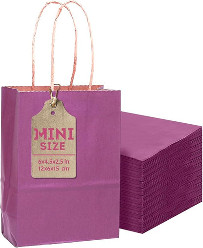 qiqee 24 Pcs Purple Mini Paper Gift Bags 6"x4.5"x2.5" with Handles Small Brown Kraft Party Favor Bags Treat Bags Multiple Uses (Mini size)
