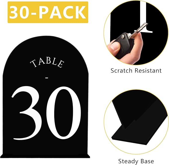 JOYIT Arch Wedding Table Numbers 1-30 with Stands – Double-Sided Printed 5" X 7" Acrylic Table Signs with Black Background White Text, Perfect Acrylic Table Numbers for Wedding Receptions, Parties, Anniversaries, and Events