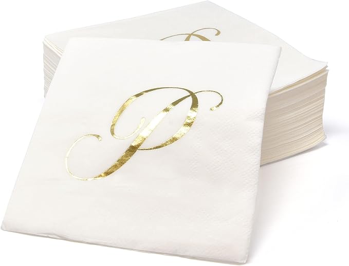 Gift Boutique - 100 Gold Monogram Cocktail Napkins Letter P Disposable Paper Pack Elegant Metallic Golden Foil Hand Napkin for Powder Room Wedding Holiday Birthday Party Baby Shower Decorative Towels