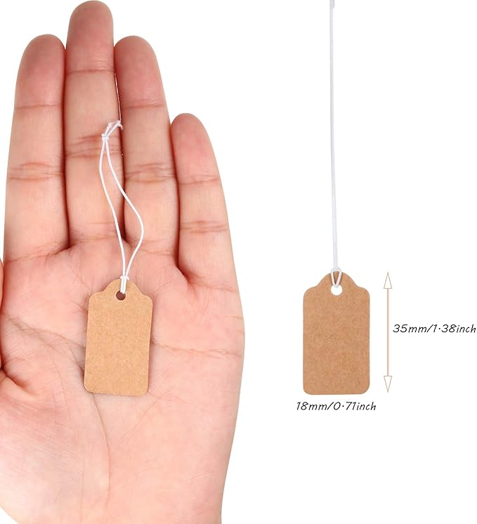 300 Pieces Kraft Price Tags with Elastic Hanging String Writable Blank Price Labels Small Marking Display Tags(1.38 x 0.71 Inch)