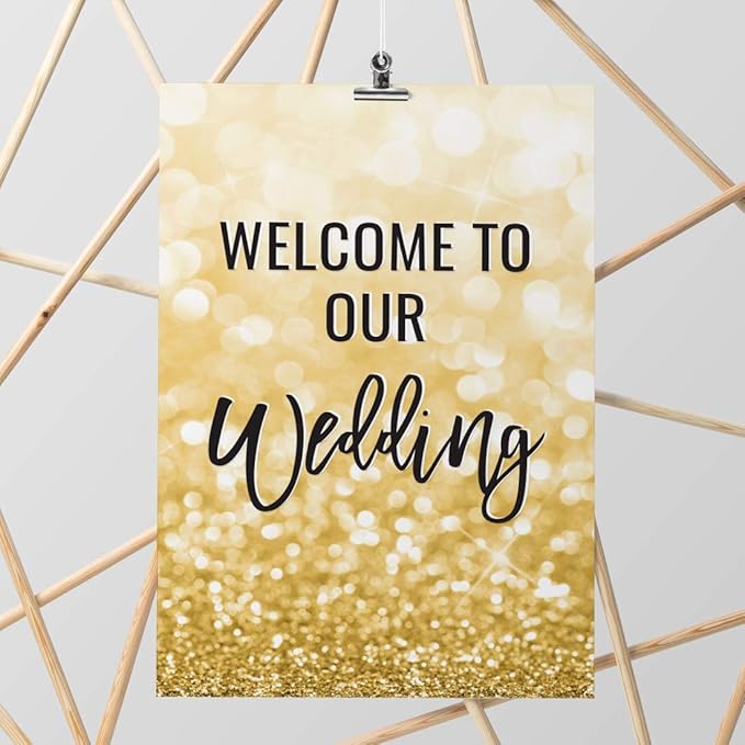 Andaz Press Extra Large Wedding Easel Board Party Sign, 12x18-inch, Glitzy Faux Gold Glitter, Welcome to Our Wedding, 1-Pack