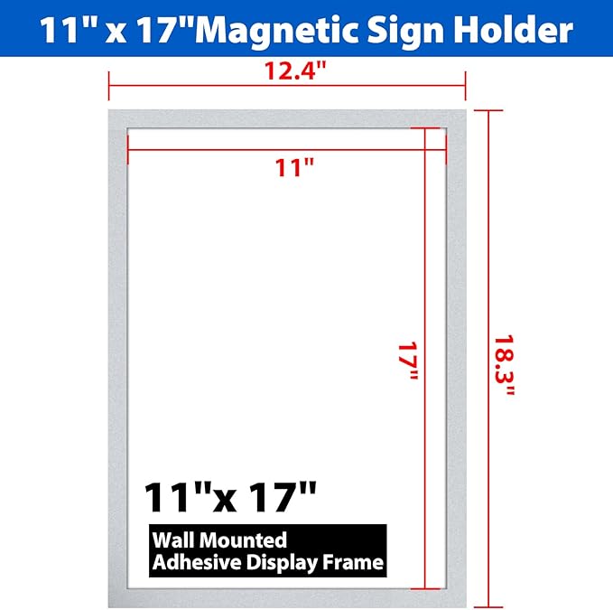 5Packs Magnetic Sign Holder, 11x17 Self Adhesive Display Frame With Strong Magnetic Frame and Clear PVC for Office, Store, Home, Door, Window, Refrige Paper Holder, Silver