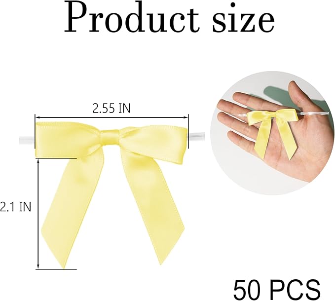 50Pcs Yellow Twist Tie Bows for Gift Wrapping 2.5" Satin Ribbon Bow for Treat Bags Cake Balloons Birthday Party Favors Wedding Decorations