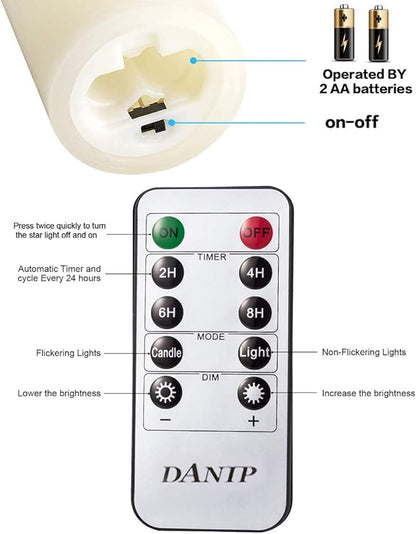danip flameless Candle, with Embedded String Lights, 5-Piece LED Candles, with 10-Key Remote Control, 24-Hour Timer Function, Dancing Flame, Real Wax, Battery-Powered. (Ivory White)