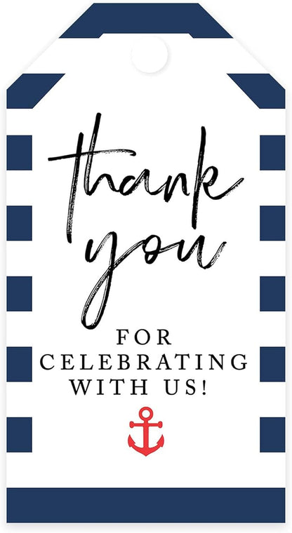 Andaz Press 100-Pack Thank You for Celebrating with Us Favor Tags Nautical Beach Cardstock Gift Tags with Bakers Twine for Wedding Baby Shower Bridal Shower Birthday Party Favors 2 x 3.75-Inches