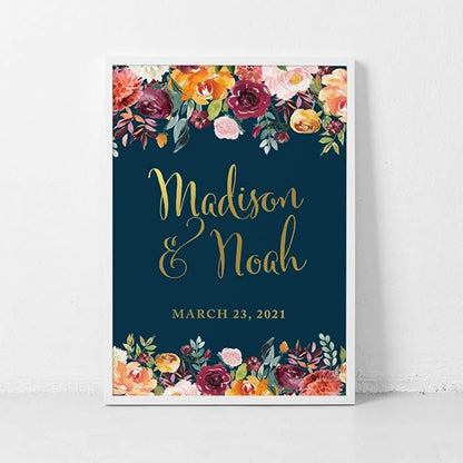 Andaz Press Personalized Extra Large Wedding Easel Board Party Sign, 12x18-inch, Fall Autumn Orange Burgundy Coral Roses on Navy Blue, Bride Groom Names and Date, 1-Pack, Custom