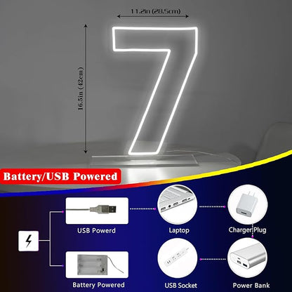 Number 7 Neon Sign for Birthday, 16.54" Cool White USB Battery Powered Led Neon Sign for Party Wedding Anniversary Decor Light Sign (Number 7)