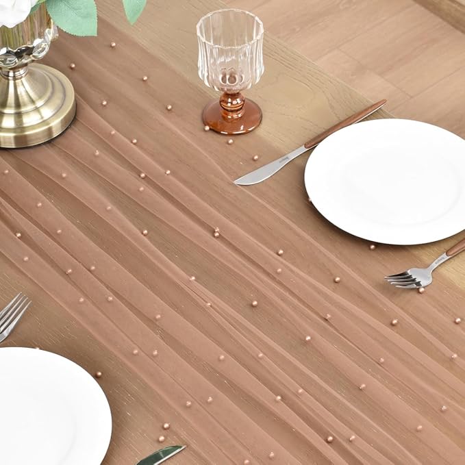 Joanlody Fall Pearl Table Runner 10ft Rustic Boho Tulle Table Runner with Pearls for Baby Shower Wedding Party Veil Dessert Thanksgiving Table Decor Coffee 4pcs