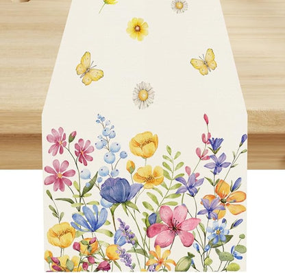 Flower Table Runner, Colorful Watercolor Pink Flower Plants Nature Butterfly Table Runner for Kitchen Dinner Living Room Home Party, 13x70 Inch