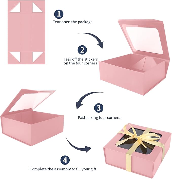 Pink Gift Boxes with Window,7.5"x7.5"x3.1" Bridesmaid Boxe for Gift Giving,Birthday Gift Box with Magnetic,Closure Lid Gift Boxes for Presents,Cute Boxe,Luxury for Gift Packaging,Gift Box for Wrapping Gifts