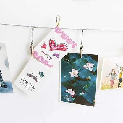 Multi-Purpose Steel Wall Hanging Photo Display Cable Wire Rod String with 12 Clips for Hanging Photos Notes and Artworks (Alligator clip)