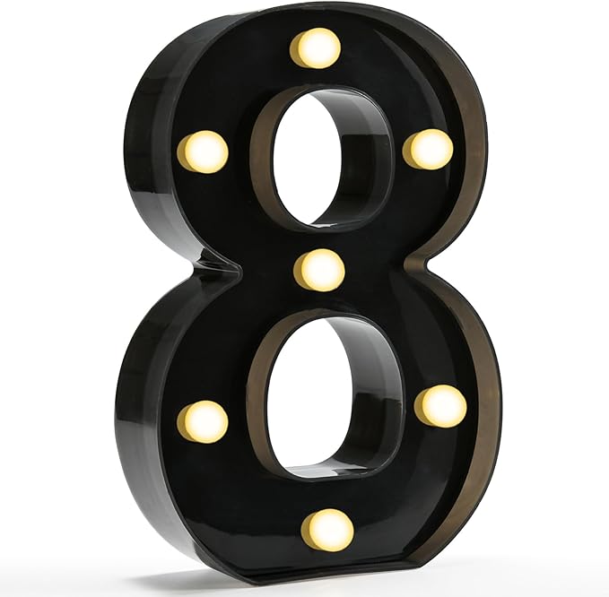 Pooqla Decorative Led Light Up Number Letters, Black Plastic Marquee Number Lights Sign for 8th 18th 80th Birthday Party Wedding Decor Battery Operated Black Decoration 8