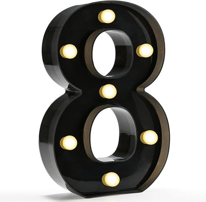 Pooqla Decorative Led Light Up Number Letters, Black Plastic Marquee Number Lights Sign for 8th 18th 80th Birthday Party Wedding Decor Battery Operated Black Decoration 8