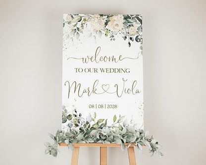 Welcome Wedding Sign Personalized, Minimalist Ivory Floral Wedding Sign Decorations Signage 12" X 18" (Small), 27" (Medium), 36" (Large), Plastic, Modern, Pole Mount, Weather