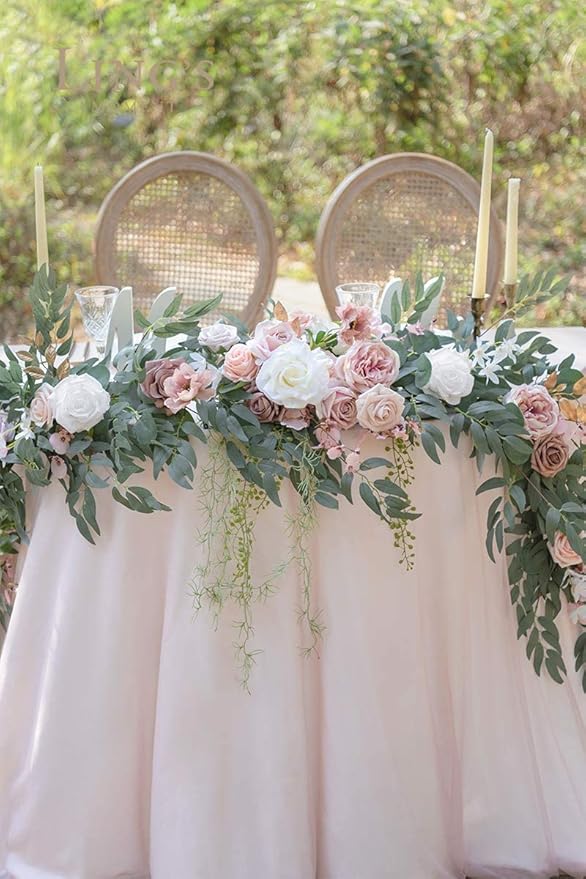 Ling's Moment 9FT Spring Flower Garland for Backdrop Decorations - Wedding Arch Flowers, Eucalyptus & Rose, Artificial Floral Garland for Mantle - Sweetheart Table Decor for Reception, Dusty Rose
