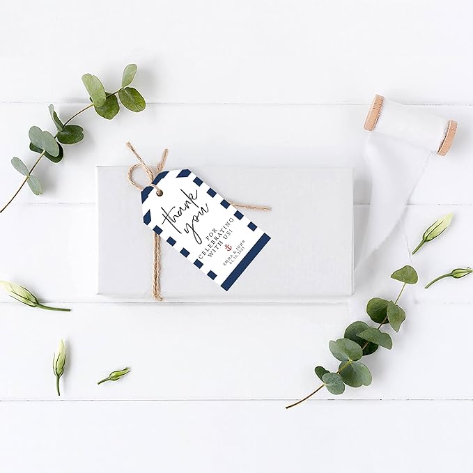 Andaz Press 100-Pack Personalized Thank You Tags with Bakers Twine Nautical Beach Custom Cardstock Wedding Gift Tags for Wedding Party Favors 2 x 3.75-Inches