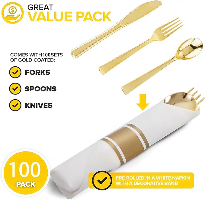 400PCS Pre Rolled Gold Plastic Silverware Sets - Heavy Duty Gold Cutlery - Include 100 Pack Wrapped Disposable Utensils with Napkins for Parties, Dinners & Weddings
