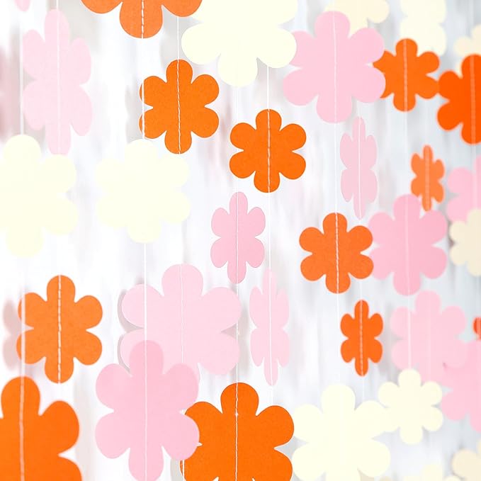 Orange-Pink Fall Party-Decorations Streamers-Garland - 52ft Boho Flower Hanging Paper Banner, Groovy Birthday Baby Bridal Shower Bachelorette Wedding Engagement Thanksgiving Day HalloweenDecor Hugfond