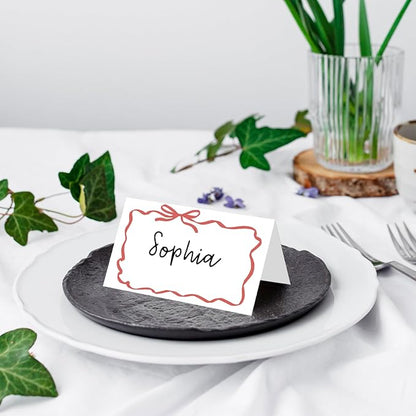25 Pack Red Bow Wave Place Cards, Editable Name Cards for Table Setting, Tent Cards Food Label for Dinner Party, Bridal Shower, Wedding, Baby Shower and Events -T13