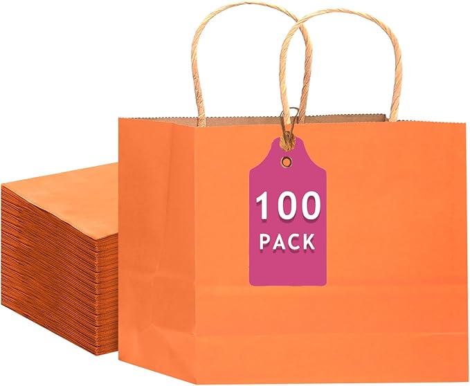 qiqee 100PCS Large Gift Bag with Handles Bulk 13"x4.5"x10" Gift Bags Kraft Orange Multiple Uses (32x11x25cm,Wide Large)